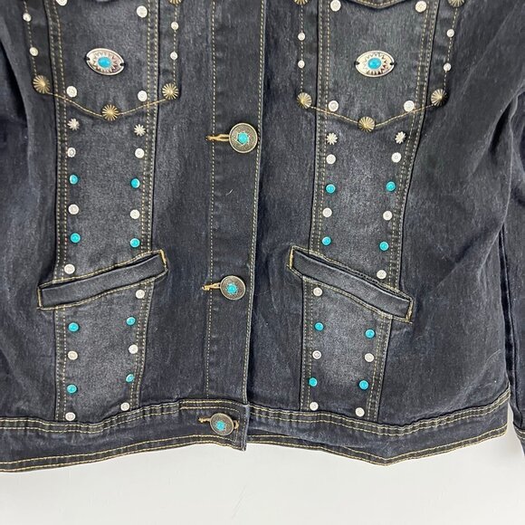 DG2 by Diane Gilman Black Western Stretch Jean Jacket Size M  Faux Turquoise - Picture 6 of 9